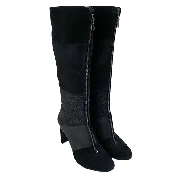 Anne Klein Black Suede & Leather Patchwork Heeled Boots Front Zip Almond Toe 10 - Picture 1 of 10
